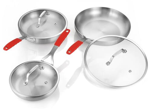 DELARLO Tri-ply Stainless Steel Frying Pan Set with Lid 8 10 12 large Skillets Induction Chef's Pan,Pots and Pans Set Kitchen Cookware Frying Pan Set Dishwasher and Oven Safe