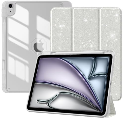 TiMOVO Hülle für iPad Air 11 Zoll (M3/M2-2025/2024),iPad Air 5/4 Hülle (2022/2020) 10,9 mit Stifthalter,Schlank Ständer Schutzhülle mit Klar Rückseite, Auto Schlaf/Aufwach, Glitzer Weiß