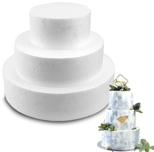 HUYUE Polystyrene Gateau Lot de 3 Gateau Polystyrene Dummy Cake 10 cm, 15 cm, 20 cm Faux Gateau (Rond)