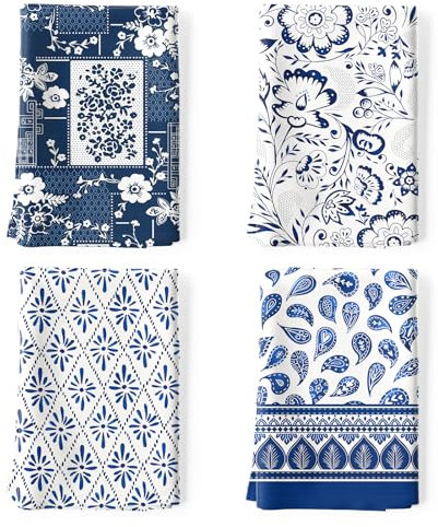 Arquiel Küchentücher Baumwolle 4 Stück, Geschirrtücher 100% Baumwolle Herbst Blaues Retro-Muster Küchenhandtuch Set Multi-Purpose Hochwertige Küche Trockentuch Bar Handtücher 50 x 70CM