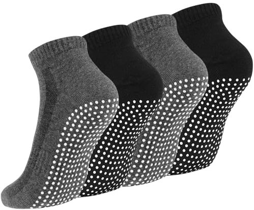 Newofview 4 Paar Stoppersocken für Damen Herren, Yoga Socken Antirutschsocken Rutschfeste Socken Grip Socken für Ballett, Pilates, Krankenhaus, Fitness(Schwarz,Dunkelgrau)