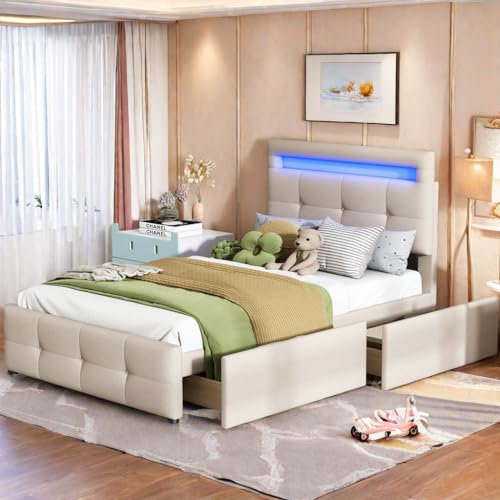 Cama de 90 x 200 con Luces LED, Cama tapizada de 90 x 200 cm con Espacio de Almacenamiento, con 2 Compartimentos y cabecero, Cama Individual con Cabecero Ajustable, Cama de Invitados, Beige