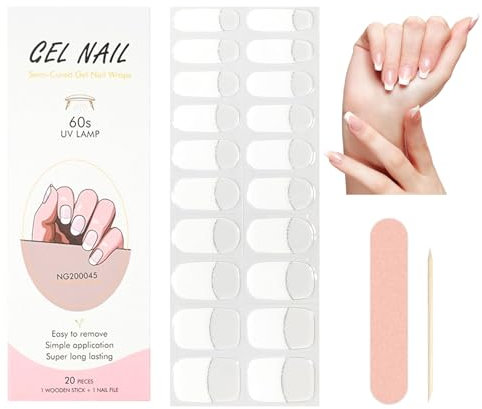 Bettinay 20PCS White French Semi Cured Gel Nail Strips, Stick on Gels Nail Wraps Easy to Use, Work for Any Nail Lamps