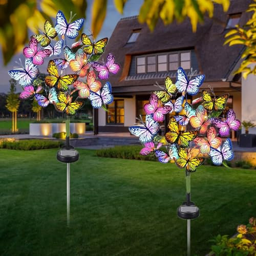Solar Schmetterlinge für Außen, 2 Pack wasserdichte Dekorative Gartenleuchten, Solar Lichter Farbwechsel-Design mit Schmetterlingen,Solarbetriebene LED-Lichter für Terrasse,Garten