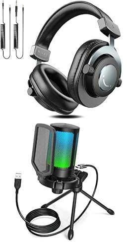 FIFINE Over Ear Kopfhörer mit Kabel + Gaming Mikrofon PC