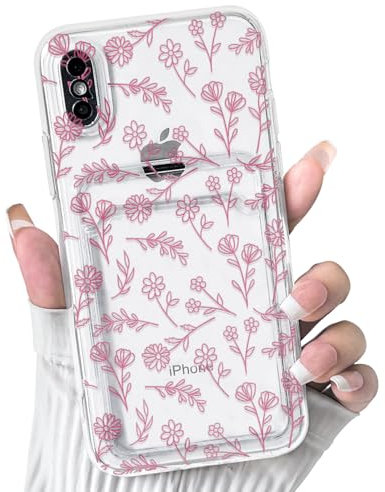 NITITOP Compatible with iPhone X/XS Case Clear with Card Holder Cute Flower Floral Leave Pattern for Women Girl Soft TPU Shock-absorbing Wallet Case Protective Phone Cover - Pink