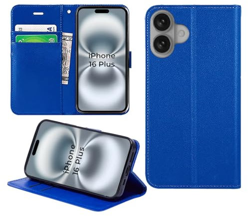 DN-Technology for iPhone 16 Plus Case Flip Premium Leather Wallet Book Magnetic Closure Kickstand Folio Card Holder Slots Protective Phone Cover (BLUE) - (iPhone 16 Plus 6.7 inch)