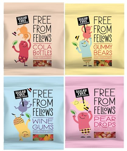 Sugar Free Sweets Vegan 4x70g - Free From Fellows Gummy Bears Cola Bottles Wine Gums Pear Drops - Gluten Free Vegetarian Gummy Candy Bulk Sweets Variety Pack - Plus Cheeroo Magnet