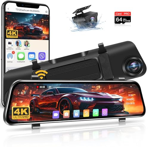 【WiFi】4K Rückfahrkamera Spiegel 12 Zoll Spiegel Dashcam mit Rückfahrkamera mit 64G-Karte Dashcam Auto Vorne Hinten 170° Weitwinkel Auto Kamera mit WDR Nachtsicht G-Sensor für DC12-24V Auto SUV Pickup