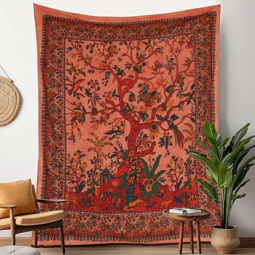 Craft Trade Orange Baum Wandteppich Indische Wandtuch Tapestry Wandbehang Boho Wandteppiche für Heimdeko Wohnzimmer und Schlafzimmer - 137 x 213 cm