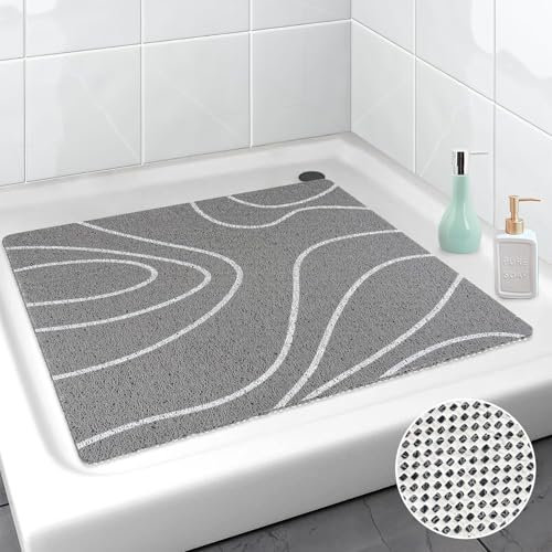 Lurowo Tapis de Douche Antidérapant, Tapis de Salle de Bain en Luffa avec Drainage, PVC texturé Tapis de Sol de Douche Séchage Rapide (G, 60 * 60cm)