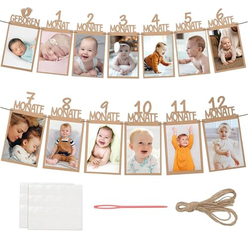 Foto Banner 1. Geburtstag für 1 bis 12 Monate Baby Fotogirlande Geburtstagsdeko Geburtstag Fotogirlande Geschenke für Mädchen Jungen Party Deko Feiern Kommunion Taufe (Braun)