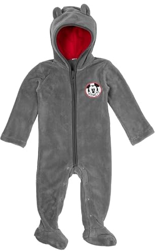 United Labels Disney Mickey Mouse Baby Fleece Overall mit Kapuze und Ohren für Jungen und Mädchen - Babykleidung Strampler Onesie Jumpsuit Grau