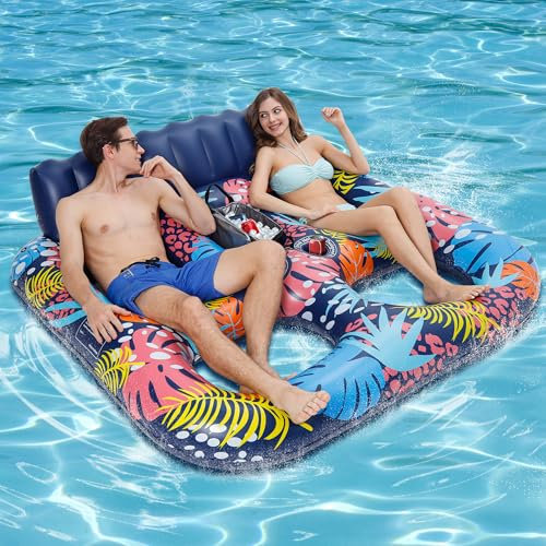 PuppyuWill 2-Person Inflatable Pool Floats Adult Heavy Duty, 71 x 61 Pool Lounger Float with Cup Holders & Backrest & Removable Insulated Cooler, Thickened Swimming Raft for Pool Party, Lake, Sea..