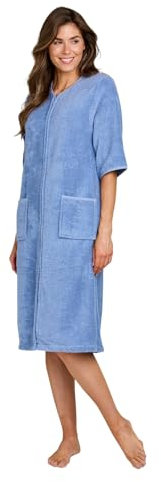 Chums Ladies Zip Through 3/4 Sleeve Towelling Dressing Gown Cornflower Blue 20-22
