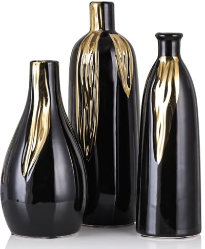 Keramikvase, 3-teiliges Set, goldene und schwarze Vasen für Heimdekoration, dekorative Vasen für Kaminsims, Regal und Eingangsdekoration, Esstisch-Mittelstücke, Wohnzimmer, Kamine und Küchendekoration