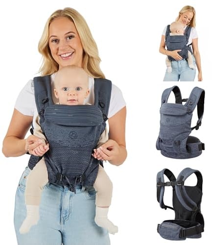 Ickle Bubba Baby Carrier 3-in-1 Ergonomic Baby Carrier (Slate) – 10 Weeks-24 Months (Up to 15 kg) Front, Back & World Facing - Breathable Adjustable Fabric, Lumbar Support, Hands Free