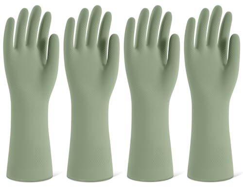 Rengöringshandskar av gummi för diskning, 4 par återanvändbara kökshandskar för diskmaskin och hushållsrengöring, gröna diskhandskar med flockat foder och halkfri