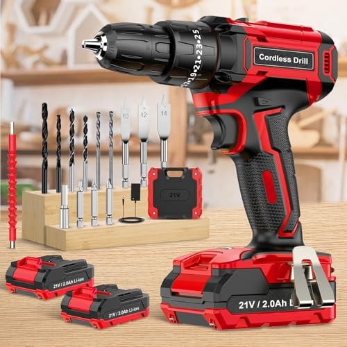 Battery Drill Set 21V, FEBOGER Cordless Drill with 2 Batteries 2000mAh, 25+3 Torque Electric Drills, 42N.m Max, LED Work Light, 20pcs Accessories for Home and Garden DIY Project