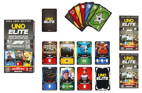 Mattel Games UNO Elite Formel 1 2025 Booster Set 2er-Pack, ab 7 Jahren | Enthält 60 thematische Elite-Aktionskarten für Kinder, Teens & Familie, 2-5 Spieler, JLV45