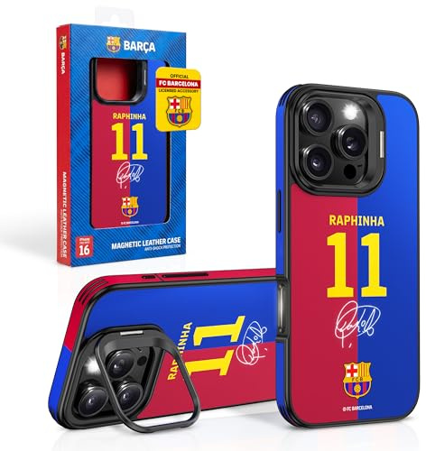 OCPC iPhone 16 Pro Max Hülle – FC Barcelona Raphinha-11 Edition – Offiziell Lizenziertes Leder Case, Ständer & Kameraschutz – Premium Schutzhülle Stoßfest