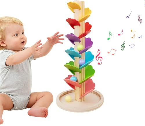 Musikbaum-Marmorbahn, Montessori-Soundbaum mit 1 Basis, 4 Kugeln in 6 Farben, Regenbogen-Kugelturm, bunte Holzkugel-Tropfspielzeug, Kugelbahn für 3-Jährige