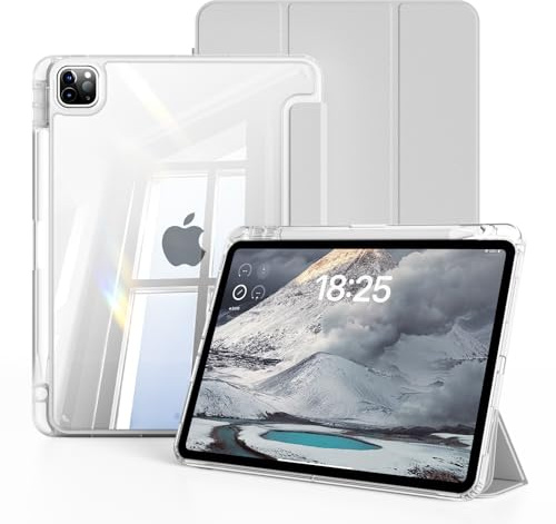 JKSML Klare Hülle für iPad Pro 12,9 Zoll (6th/5th Generation) – Grau | PC Transparenter Rückseite mit Stifthalter, Dünner Stoßfeste, Pencil Aufladung, Auto Schlafen/Wachen, für 2022/2021 Model