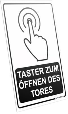PRINTIMA Hinweisschild „TASTER ZUM ÖFFNEN DES TORES“ – 21x32cm – wetterfeste Kunststofftafel mit Symbol – inkl. Montagedübel – für Toranlagen, Eingänge, Industrie, Lager