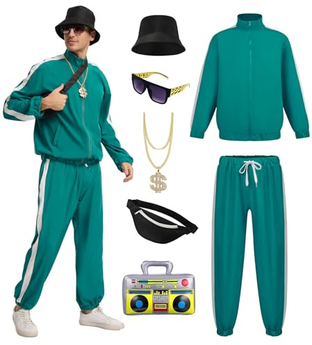 FSUJWOA 80er Jahre Outfit Herren 90s Retro Trainingsanzug with Hip Hop Kleidung Accessoire Set für Fasching Disco Party