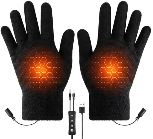 USB Beheizte Handschuhe Vollfinger für Damen & Herren, Strick Heiz-Handschuhe mit Touchscreen, 3 Temperaturstufen 37–45°C, herausnehmbares Heizelement, waschbar, Büro, Gaming, Radfahren & Ski