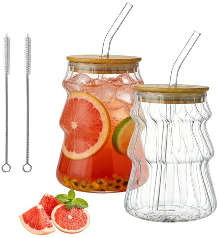 2-Pack Glass Bubble Tea Cups with Lids and Straws, 500ml Clear Ribbed Mugs for Iced Coffee, Matcha, Smoothies, Home and Cafe Use