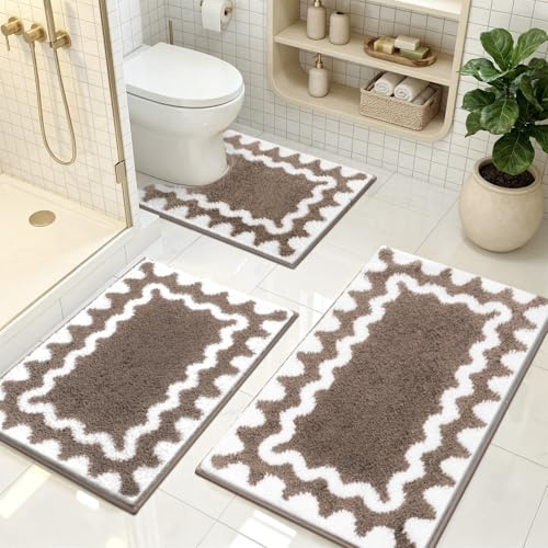 Homodeco Badematten & Badteppiche Set 3 Teilig rutschfest Waschbar, Braun | Mikrofaser, Weich, Flauschig, Hochflor, Absorbierend Badezimmerteppich, Duschteppich, Toilettenmatte