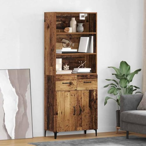 Hoopleep Highboard Altholz Optik, 69,5x34x180 cm, aus Holzwerkstoff, mit 2 Schubladen und Türen, für Esszimmer, Wohnzimmer und Küche, Stabiler Schrank für Zuhause