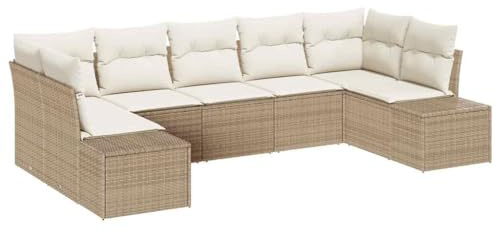 HETFTJN Gartensofa Set 7 teilig Beige Poly-Rattan wetterfestes Balkonmöbel modular Eckbank Mittelbank Sofa für kleine Balkone Terrasse Garten