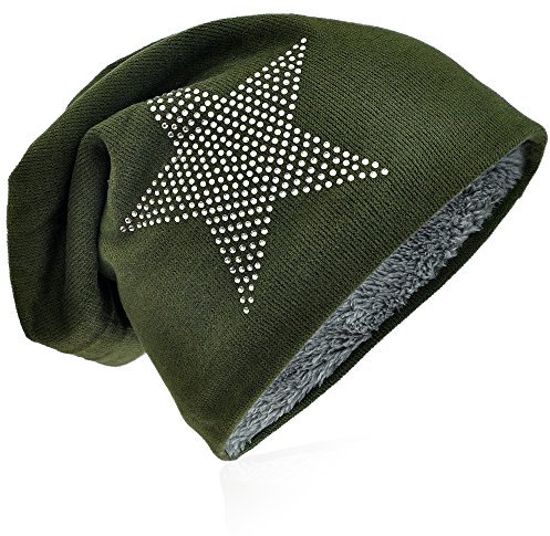 Miobo Slouch Long Beanie Mütze, Weichem Warme Wintermütze Teddyfleece, Unisex (56-58cm Kopfumfang, StrassStern-Grün)