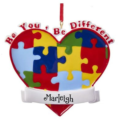 Autismus-Bewusstseins-Weihnachtsschmuck Be You Be Different, Puzzleteil, Herz, Andenken, Weihnachtsbaumschmuck, personalisierbar mit individuellem Namen