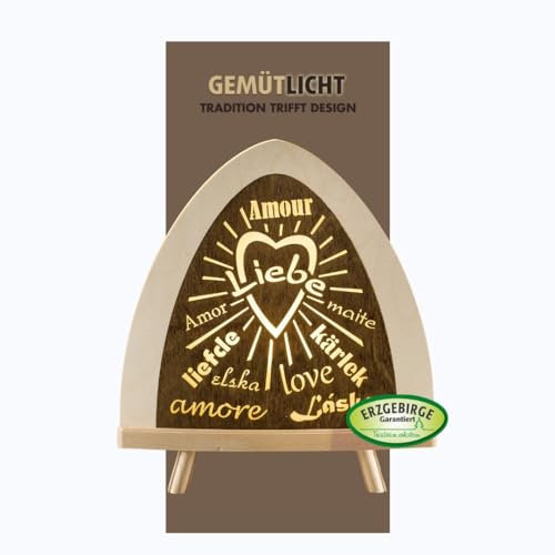 weigla - Dekoleuchte original Erzgebirge I Motiv Liebe I 1 LED Lampe I 0,8 W, E14 I Dekoration innen I Ganzjahresbeleuchtung aus Holz I Fensterdeko