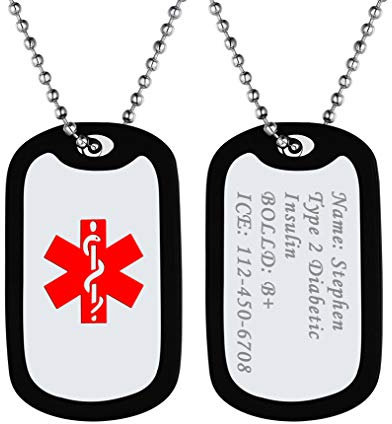 Bandmax Medical Alert ID Anhänger Halskette für Allergien Diabetes Edelstahl personalisiert Erkennungsmarke mit schwarz Silikon Rahmen ICE SOS Gesundheit Alarm Schmuck für Diabetes Epilepsie