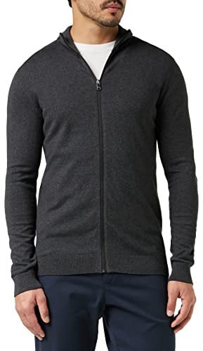 Herren Selected Basic Strickjacke | Einfarbiger Baumwolle Cardigan | SLHBERG Zip Longsleeve Sweatshirt, Farben:Dunkelgrau, Größe Pullover:XXL