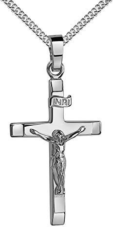 Kruzifix Silber Jesus Christus mit INRI-Gravur für Damen, Herren und Kinder als Kettenanhänger 925 Silber mit Schmuck-Etui und Schmuckzertifikat. Mit Kette 925 Silber - Kettenlänge 50 cm.