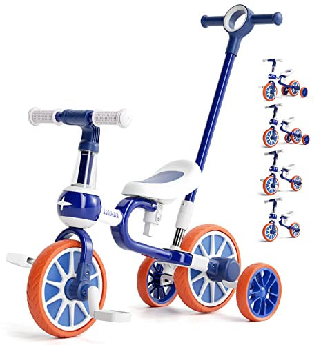 KORIMEFA 4 in 1 Laufräder Laufrad Kinderdreirad Dreirad Lauffahrrad Lauflernhilfe für Kinder ab 1 Jahre bis 4 Jahren (Blau mit Push-Lenker)