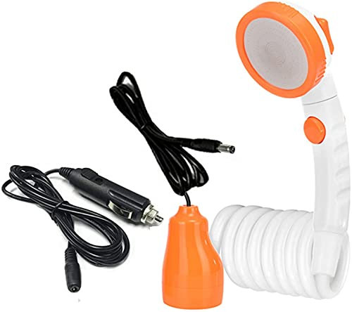 Outdoor-Duschkopf, tragbare Campingdusche, Duschpumpe mit 5000 mAh Powerbank, Taschenlampe, LED, Campinglaterne, Notfalllicht, Wandern, Haustierdusche (Orange + Auto-Zigarettenanzünder-Stecker +