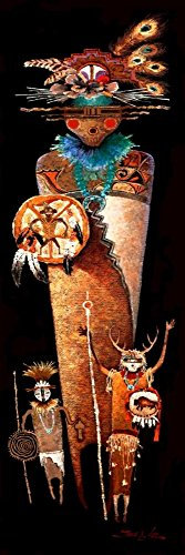 Bild auf gerollter Leinwand, Indian Story II Lee James – Figurativer vertikaler Kunstdruck, Weltkultur-Figuren, Indianer, illustrierte Leinwand, Kunstdruck, 172 x 55 cm
