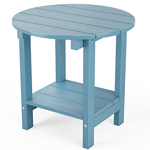 MXIMU Adirondack Runder Beistelltisch für den Außenbereich, 45,7 cm, mit Aufbewahrungsregal, 2-stöckiger Kunststoff-Terrassen-Beistelltisch, witterungsbeständig, für Balkon, Hinterhof, Rasen (blau)