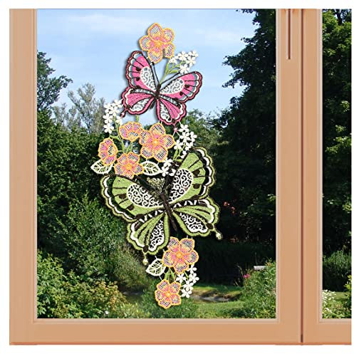 artex deko Fensterbild Mariposa Schmetterlinge Echte Plauener Spitze Frühlings- und Sommermotiv grün-pink 25 x 15 cm