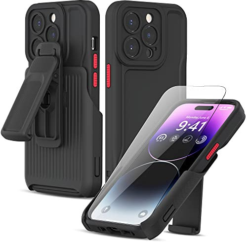 Niunisi Holster Designed for iPhone 14 Pro Case with Belt Clip and Screen Protector Military Grade Drop Shockproof Cover with 360° Rotating Kickstand 6.1-Inch Phone Case, Black