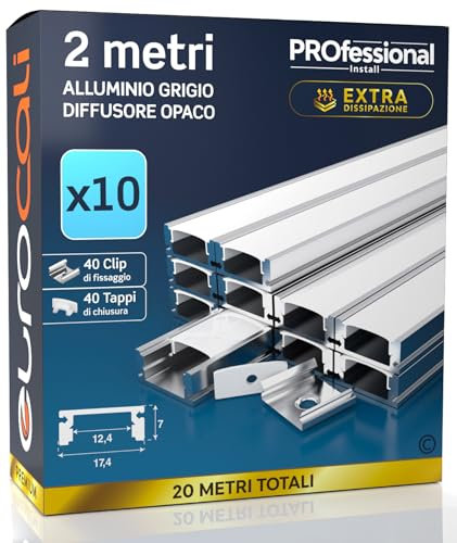 Eurocali 10 Profili da 2 metri (20mt) in Alluminio grigio per Strisce LED Schermatura Opaca ingombro max striscia led 12.4mm - 17.4 x 7