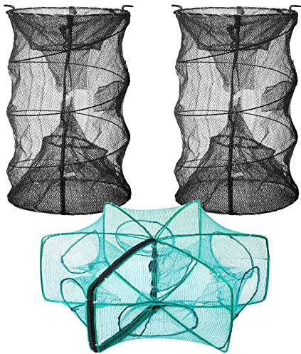 Woanger 3 Pcs Minnow Trap, Include 2 Fishing Bait Trap 1 Cylindrical Hexagon Crab Crawfish Trap, Lobster Shrimp Collapsible Cast Nets Portable Folded Fishing Accessories,12x21.65 Inches