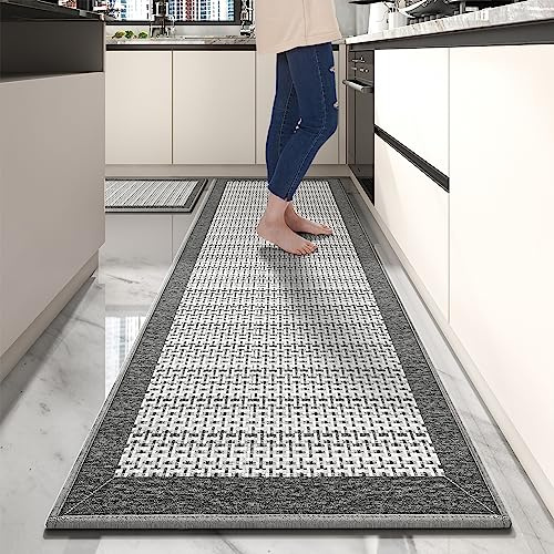PADOOR Non Slip Kitchen Rugs Sets of 2 - Extra Large 2.5'x6' + 20x32 Runner Rugs for Kitchen Floor Non Skid Washable, Absorbent Kitchen Mat for in Front of Sink 2 Piece Grey