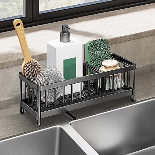 Cliplanyard Kitchen Sink Organizer, 304 Stainless Steel Kitchen Sponge Storage with Automatic Drain Tray, Sink Caddy Cleaning Products Organiser for Storage Sponge, Brush, Dish Soap (Black)